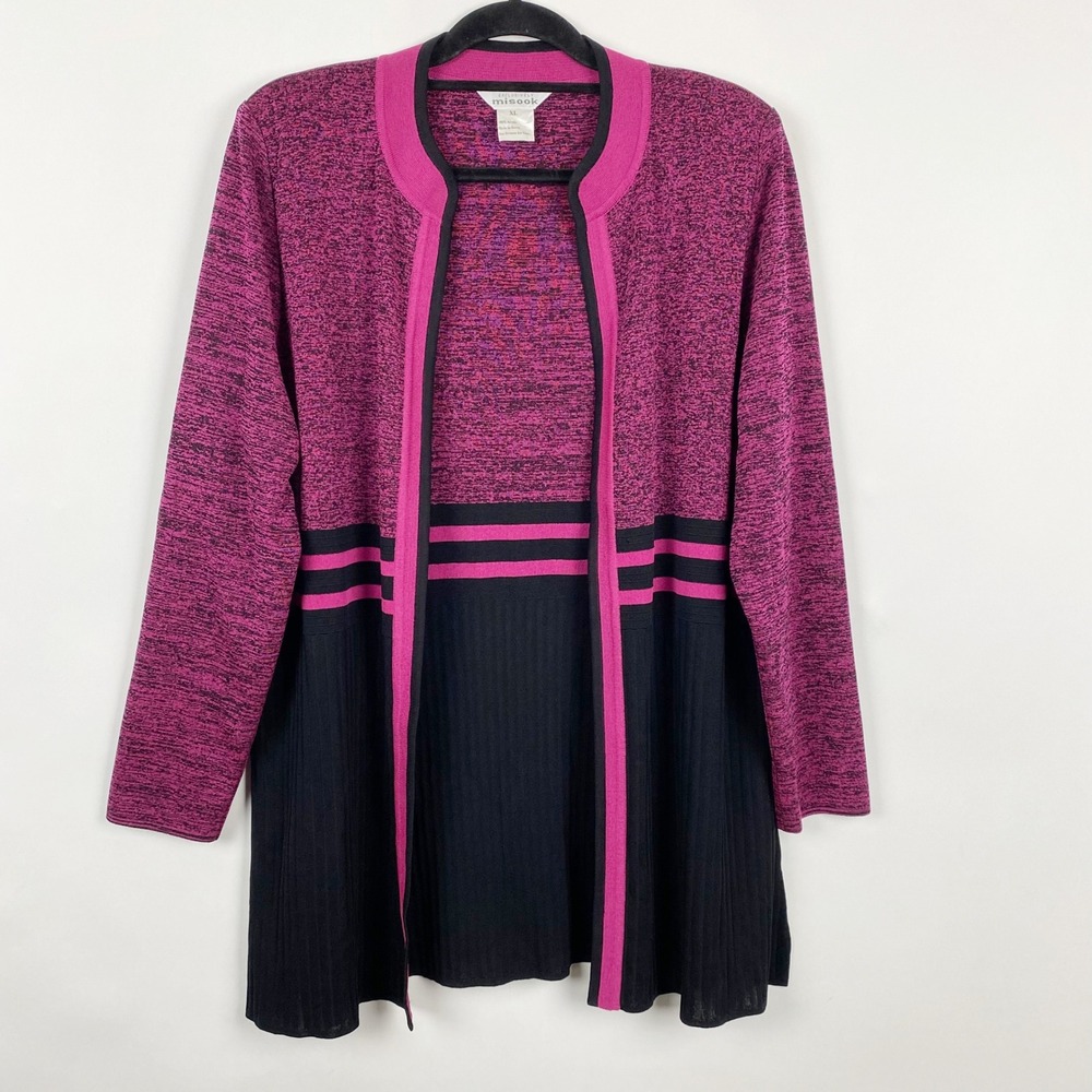 Misook Colorblock Striped Open Front Cardigan Sweater Womens XL Pink Black